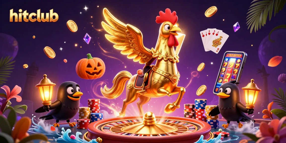 hitclub's golden rooster rides through a midnight casino, surrounded by coins and vibrant gaming elements.