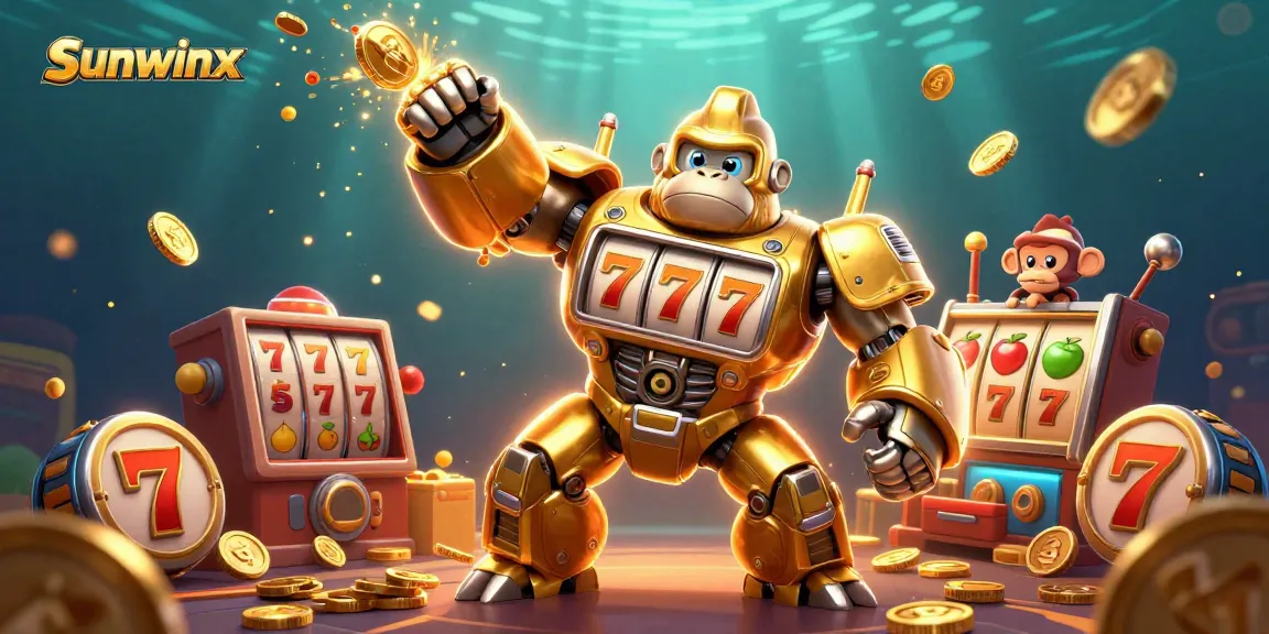 Engage in thrilling gameplay with sunwinx, featuring a powerful golden gorilla mech amidst dynamic casino elements.