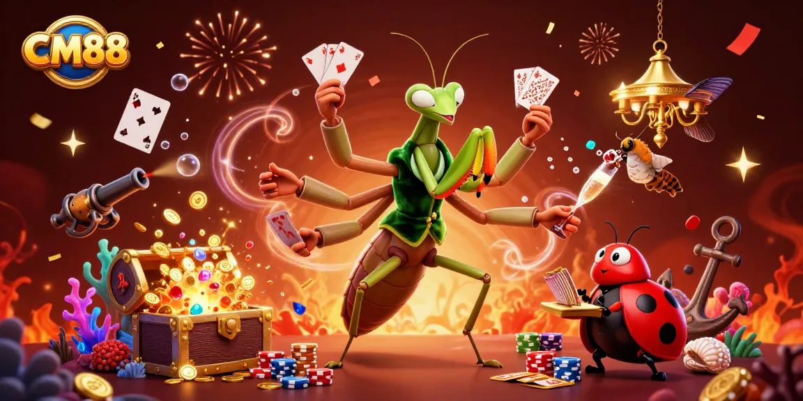 Experience CM88’s vibrant casino atmosphere with a giant praying mantis and ladybug pit boss, surrounded by treasures.