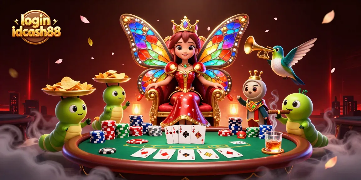 Experience thrilling gameplay with login idcash88 at a vibrant casino scene featuring a butterfly queen and poker elements.