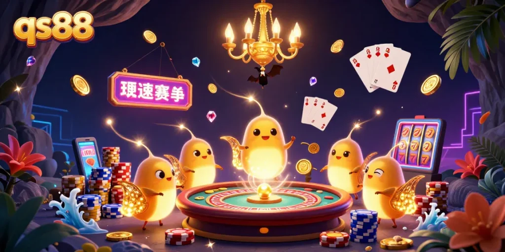 Experience excitement with qs88's thrilling casino scene featuring glowworms and a bat dealer.