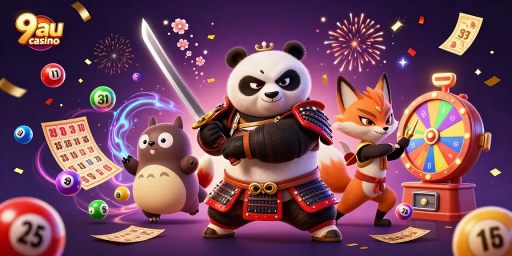Engage with the excitement of 9au casino through a vibrant 3D digital illustration highlighting a samurai panda and friends.